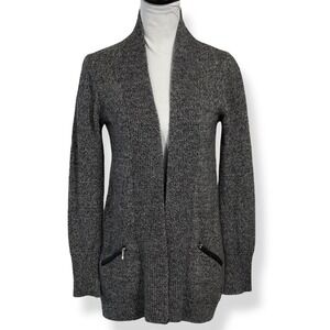 Ply Cashmere Long Open Knit Cardigan Sweater Size XS Gray Black Ribbed Pockets